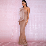 One shoulder Ruffle Stitch Rose Gold Glitter Maxi Dress