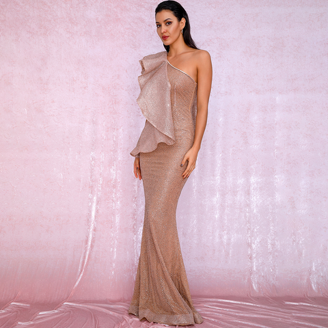 One shoulder Ruffle Stitch Rose Gold Glitter Maxi Dress