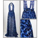 Blue Leopard Print Chiffon Long Dress
