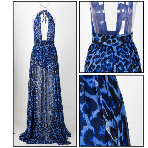 Blue Leopard Print Chiffon Long Dress