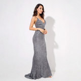 Grey Deep V-Neck Sequin  Long Dress