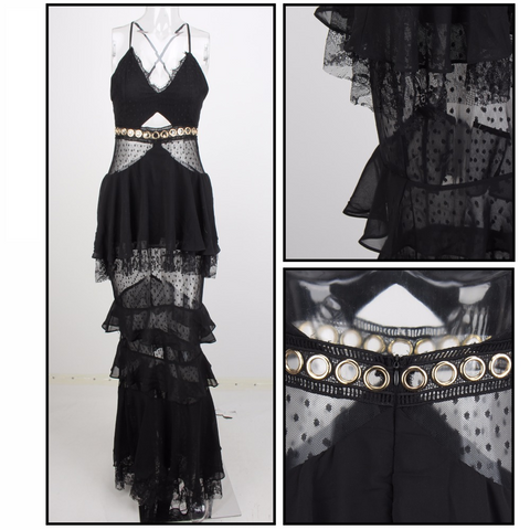 Layered Flounced Chiffon Lace Long Dress
