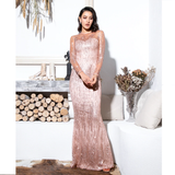 Gold Round Neck Long Sleeve Sequins Long Dress
