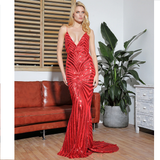 Red Deep V-Neck Open Back Geometry Sequins Long Dress