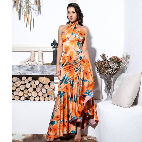 Orange Cross Straps Floral Long Dress