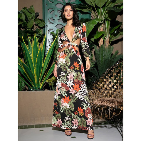Cut Out Floral Beach Dress - Black