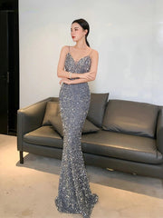 ESTELLINA Grey Sequin Evening Dress