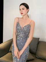 ESTELLINA Grey Sequin Evening Dress