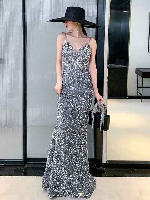 ESTELLINA Grey Sequin Evening Dress